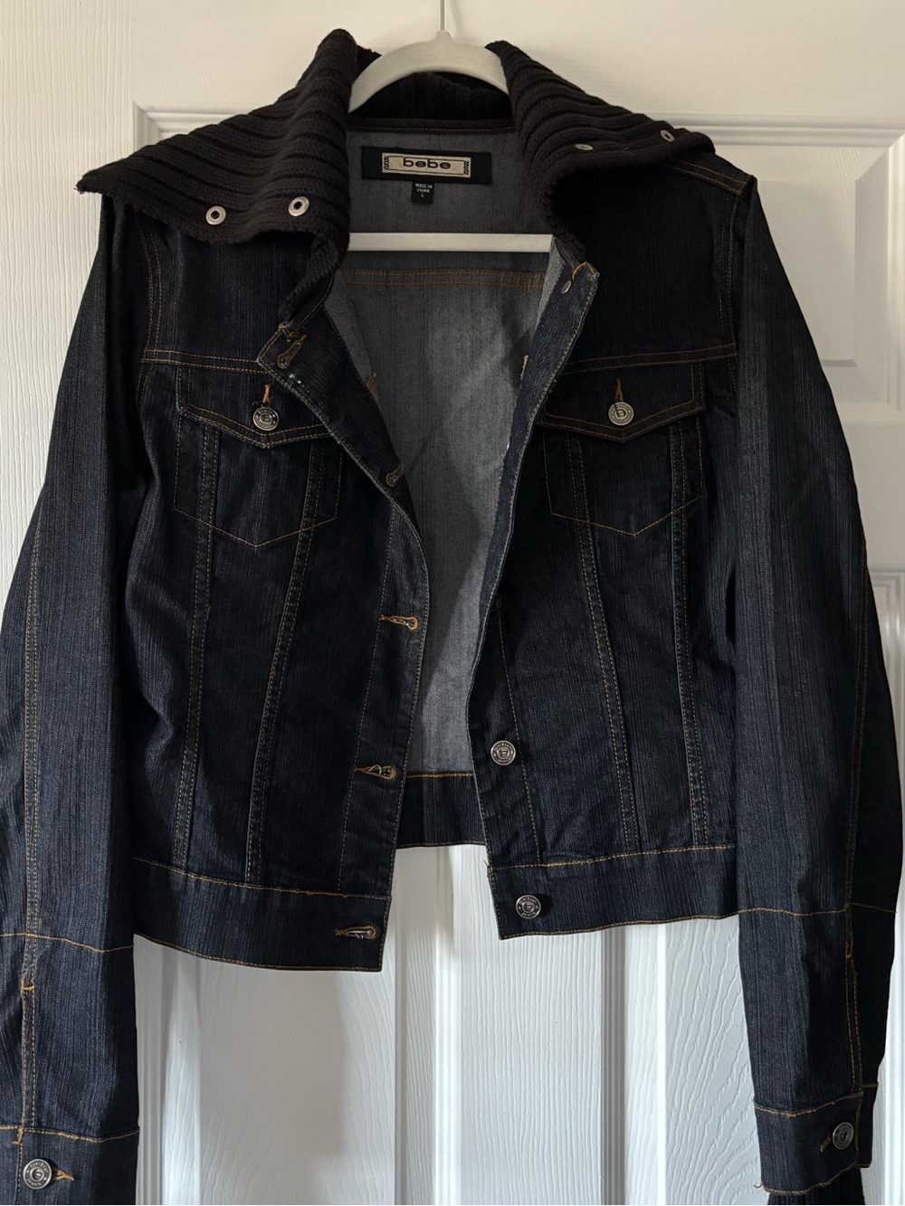 Bebe Dark Blue Denim Jacket With Knit Collar